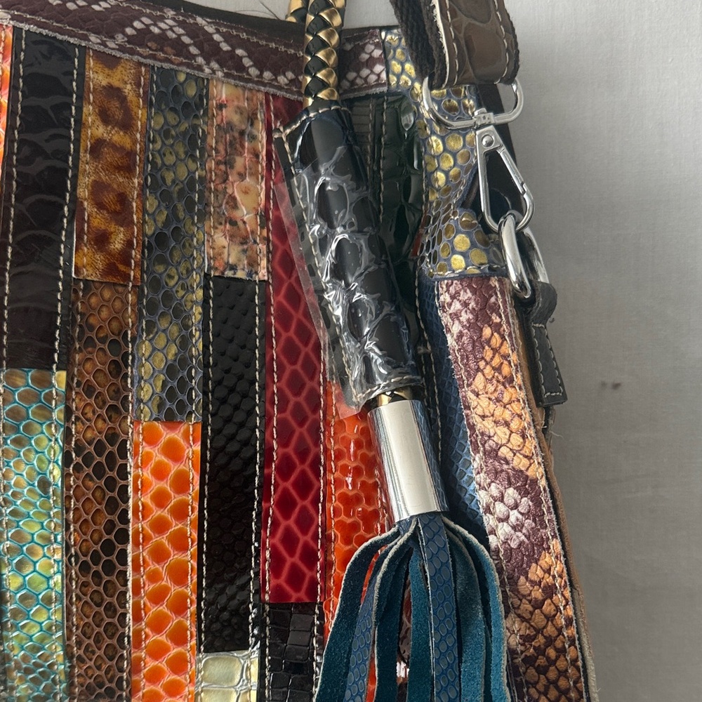 Women's Multicolor Patchwork Satchel Bag with Tassel Accents - Picture 2 of 4
